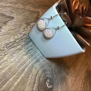 White Iridescent Prism w/Silver Dangle Earrings